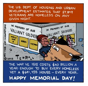 There's always plenty of cash for the Pentagon to spend on wars of choice, such as America's military campaign against ISIS in Syria and Iraq. But there's nothing to get the nearly 50,000 homeless veterans from previous wars off the streets and into decent housing. It's all about priorities and, despite what we say this Memorial Day and every other Memorial Day, taking care of the veterans who succumb to PTSD and poverty is not a priority for the military.