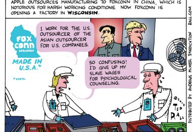 Apple outsourcing company Foxconn has announced plans to open a plant in Wisconsin. How far does this go? Will Foxconn's Wisconsin operation re-outsource back to Asia? Globalization is confusing for workers.