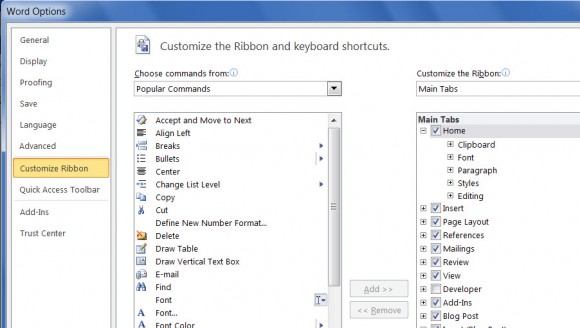 Word010 Options menu to customize the Ribbon