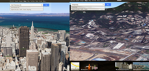 A comparison of Google Maps 3D Image of San Francisco and Hong Kong