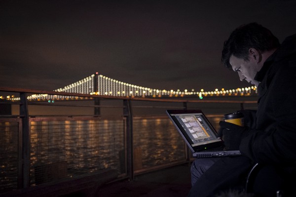 Artist Leo Villareal tests the sequencing of The Bay Lights. Photo by Lucas Saugen 