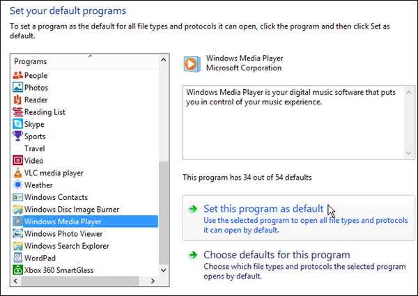 Windows Media Player Program Default