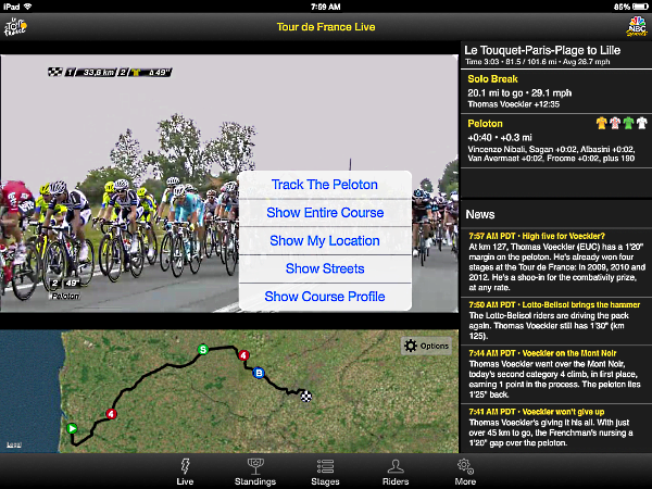 Tour de France NBC app bottom window option