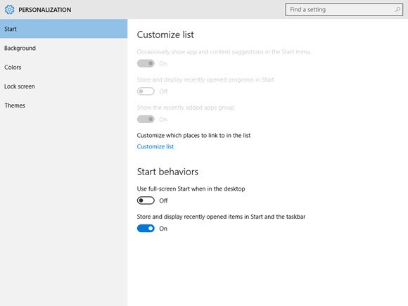 windows 10 start menu Customize start