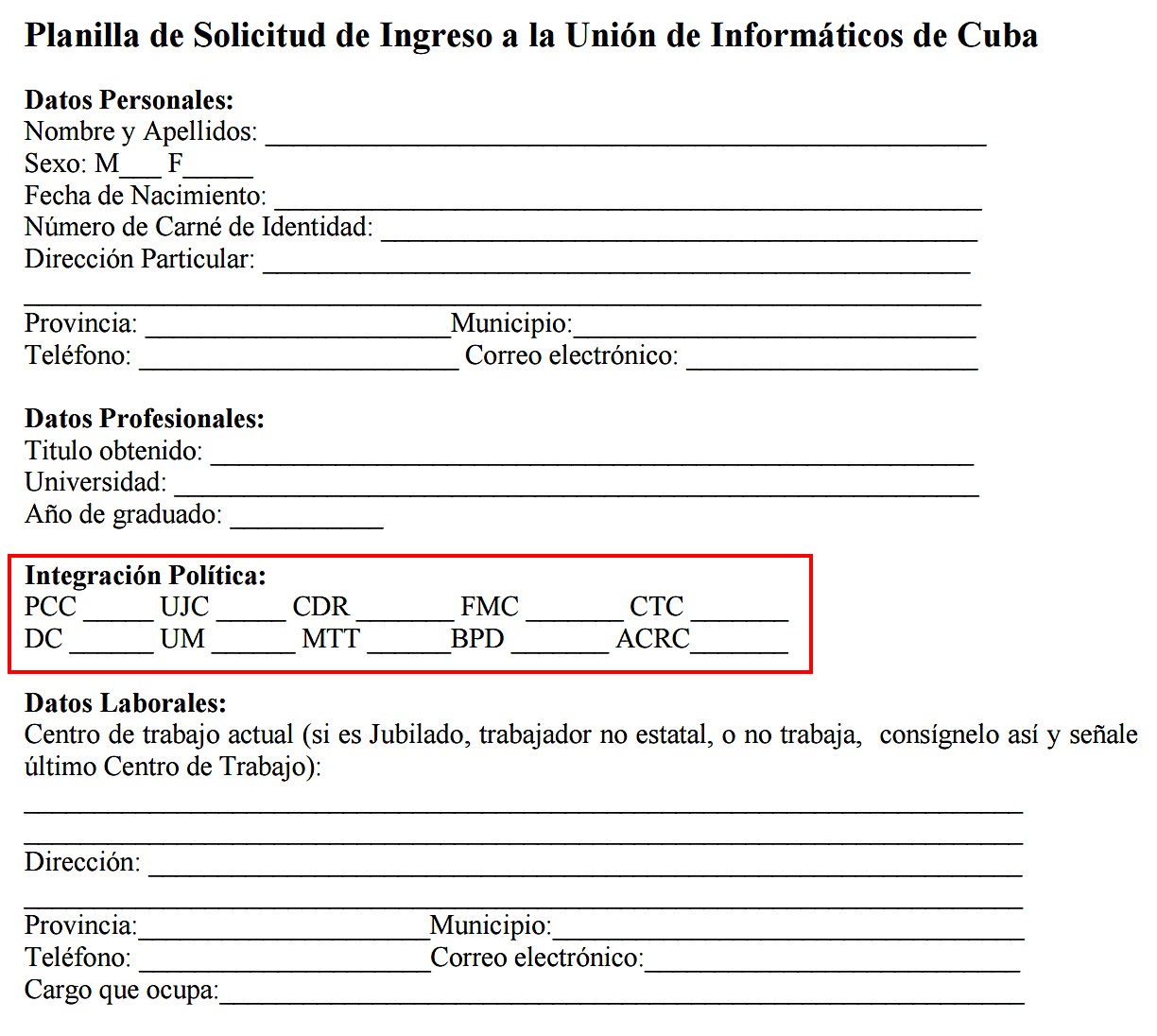 The UIC membership application asks for political affiliations (red added)