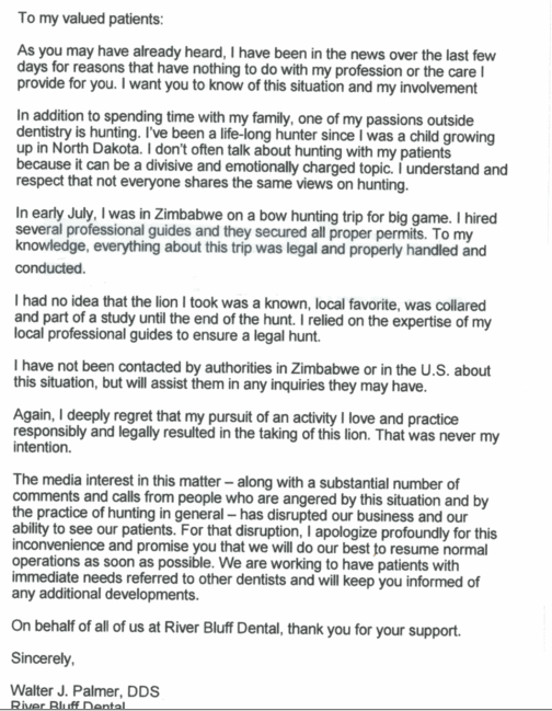 walter palmer letter cecil the lion