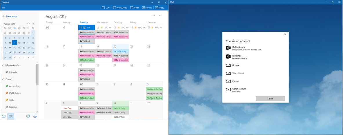 Mail and Calendar Apps windows 10 apps