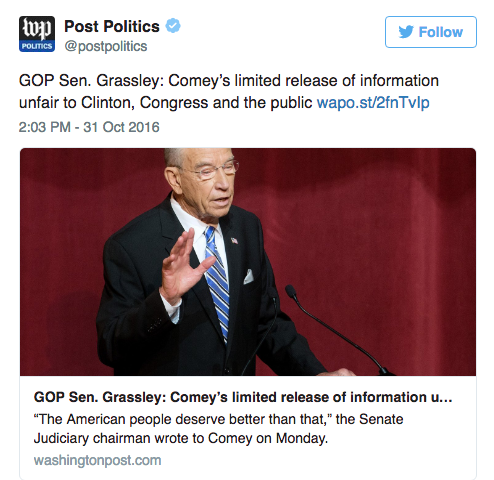 chuck grassley letter to FBI dir Jim Comey criticizing for Clinton Weiner email disclosure