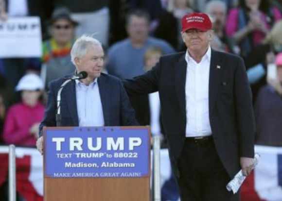 jeff sessions with donald trump giving the finger to voters